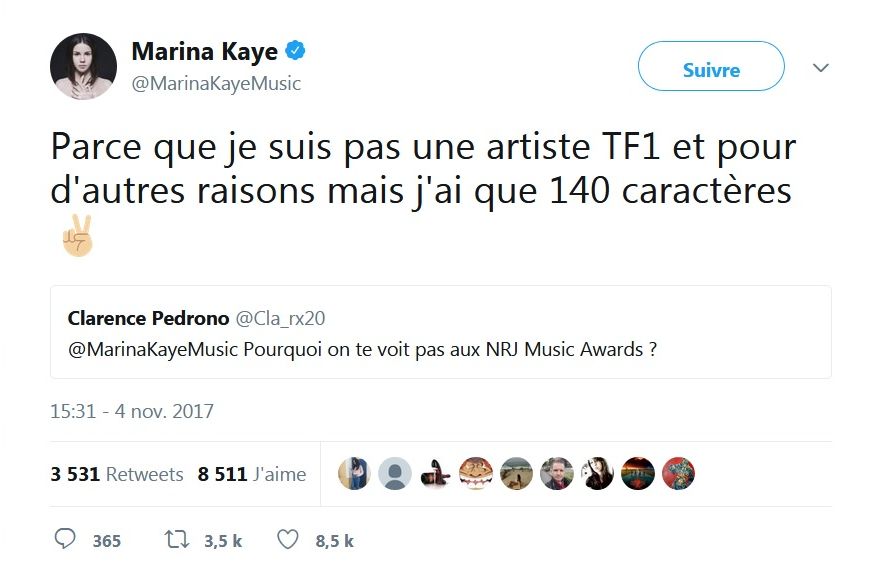Marina Kaye : La chanteuse explique son absence des NRJ Music Awards et tacle TF1