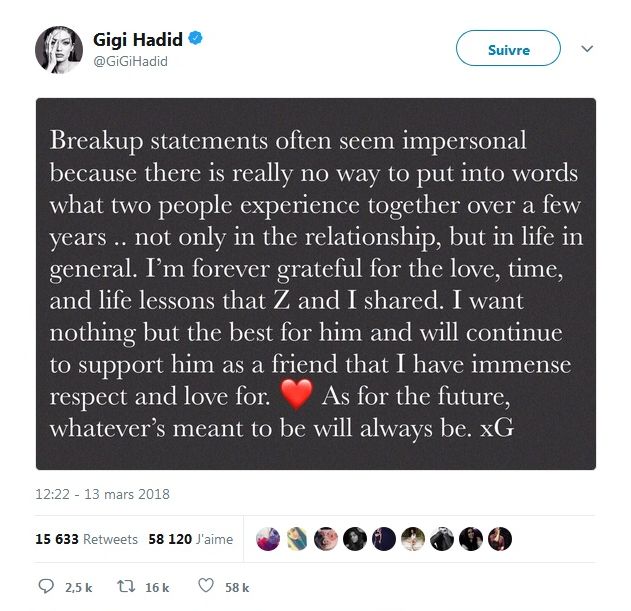 Zayn Malik et Gigi Hadid : La jeune femme confirme leur rupture !