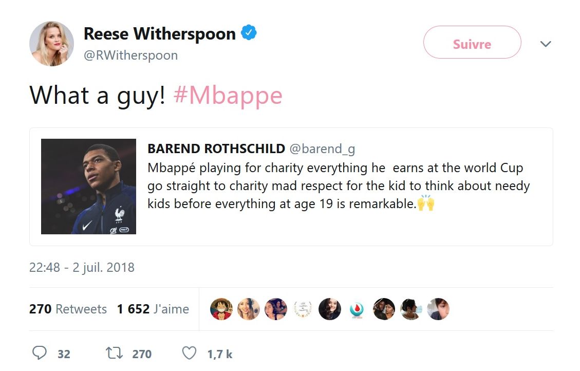 Reese Witherspoon : L’actrice est fan du footballeur français Kylian Mbappé