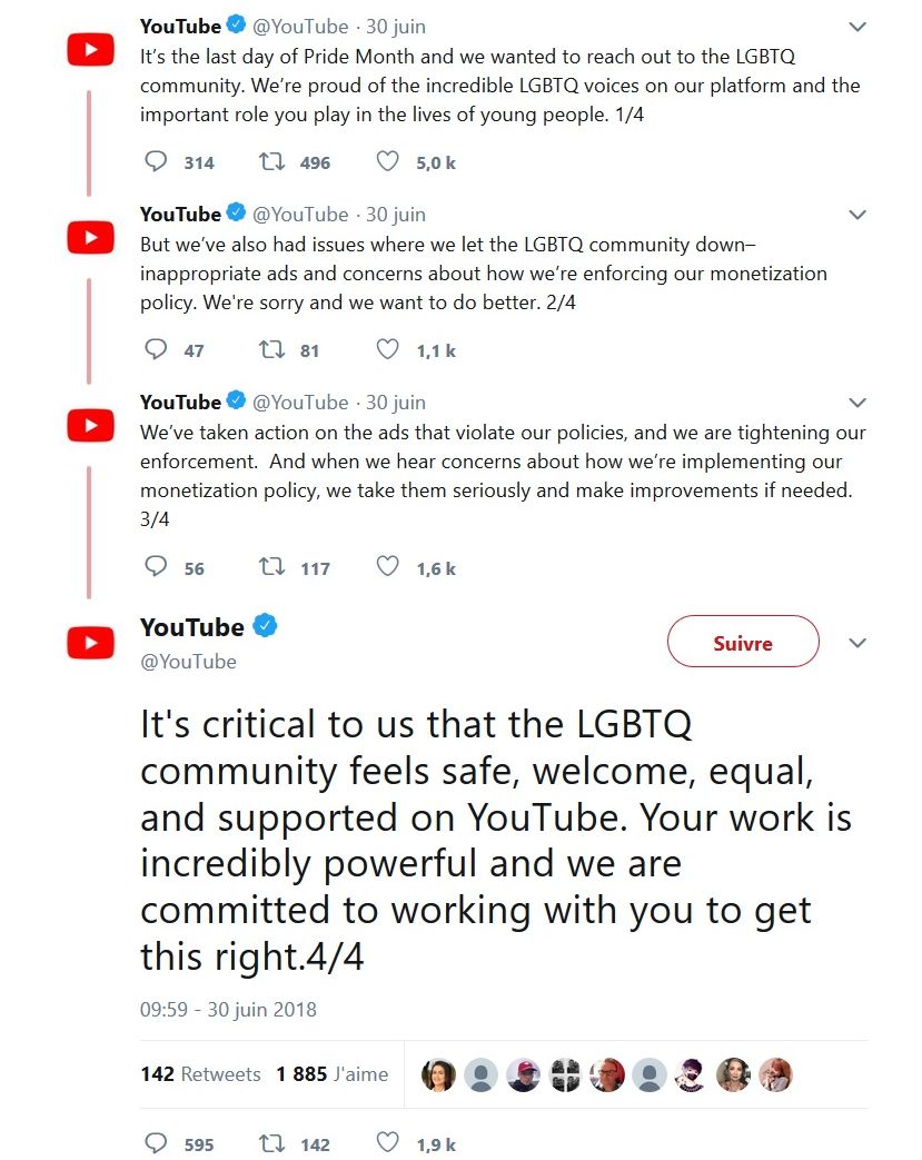 Youtube : La plateforme de vidéo présente ses excuses auprès de la communauté LGBTQ+